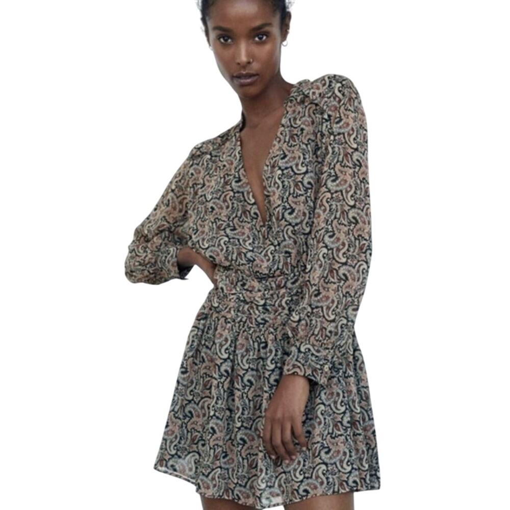 Zara Womens SZ M printed mini dress brown paisley floral pink blue long sleeve